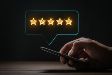 Hand Holding Smartphone With Five Star Rating, Online Review Concept