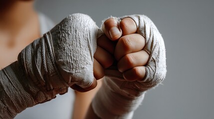 Close-up detail of a female boxer wrapping hands with bandages in preparation for a training session