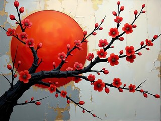 Renewal and resilience symbolized by blossoming cherry tree branch with vibrant red sun and weathered textured background