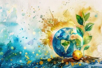 watercolor sustainable portfolio concept with planets and stocks soft cosmic tones on Earth .