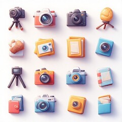 Collection of stylized camera icons and photography related objects on a white background