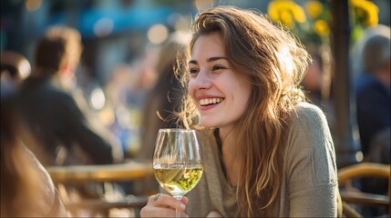 Woman Drinking White Wine and Smiling at Outdoor Cafe