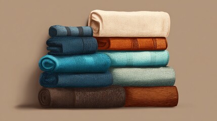 Folded colorful towels stacked neatly against beige backdrop with soft lighting