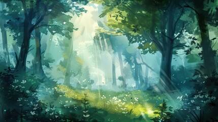 Obraz premium watercolor forest bathing scene with sunlight through trees .