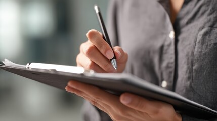 Office worker completing checklist on tablet