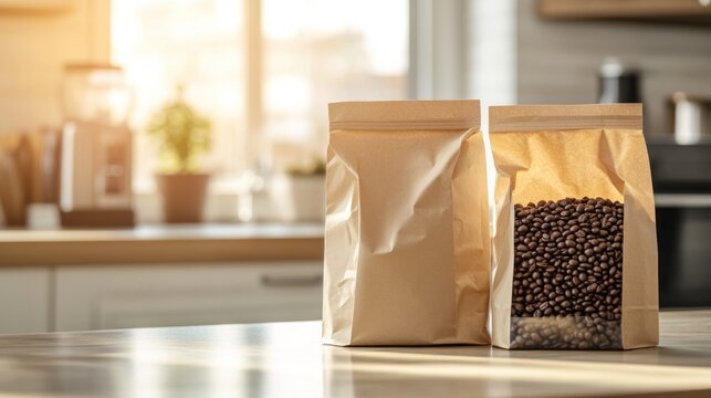 Two brown paper bags of coffee beans on a kitchen counter