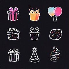 Collection of festive birthday icons including gifts balloons party hat and confetti