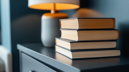 Fototapeta premium Stack of Closed Books Next to Warm Lamp on Dark Surface in Modern Home Setting