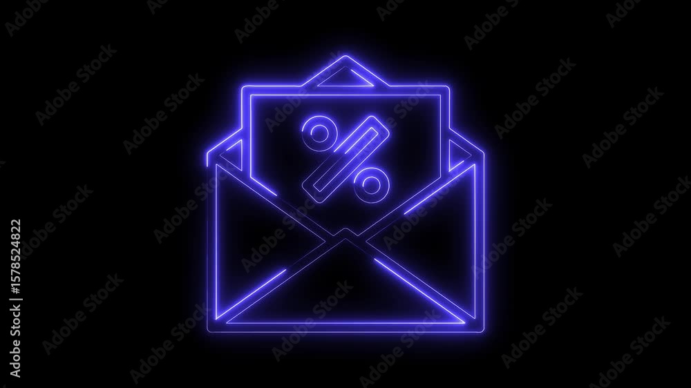Poster glowing neon mail symbol animation displaying discount percentage in dark background
