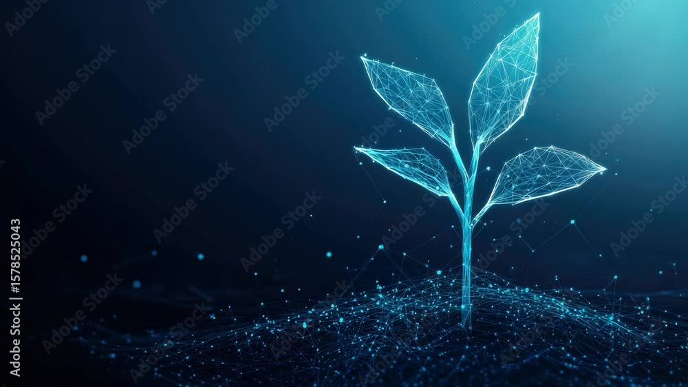 Poster a computer generated illustration of a futuristic seedling with digital technology and network eleme
