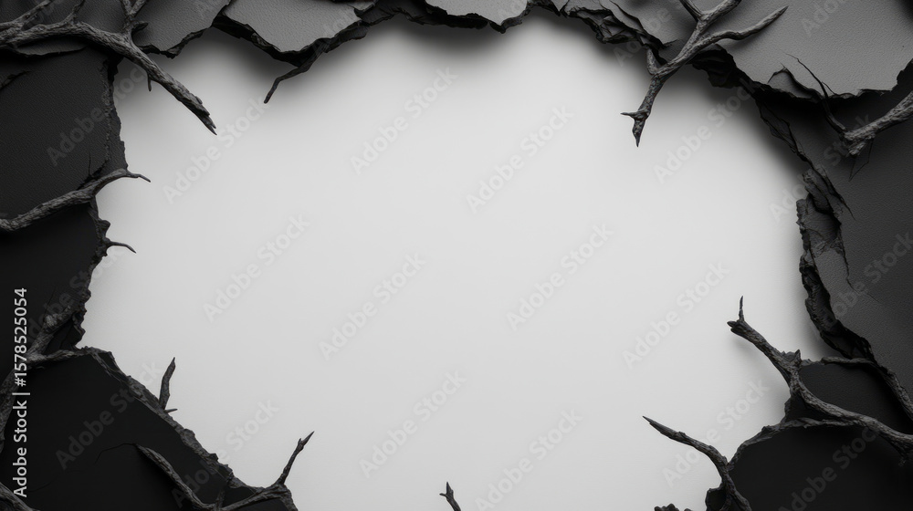 Poster cracked wall with broken edges and empty space for text or design in black and white