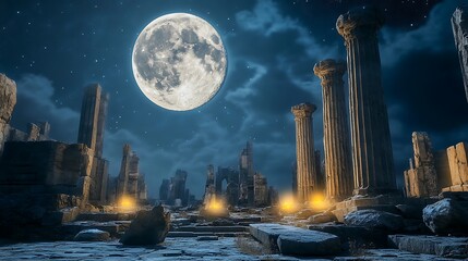 Ancient ruins under moonlight