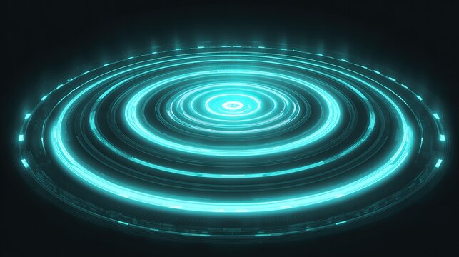 Glowing cyan concentric rings platform on dark