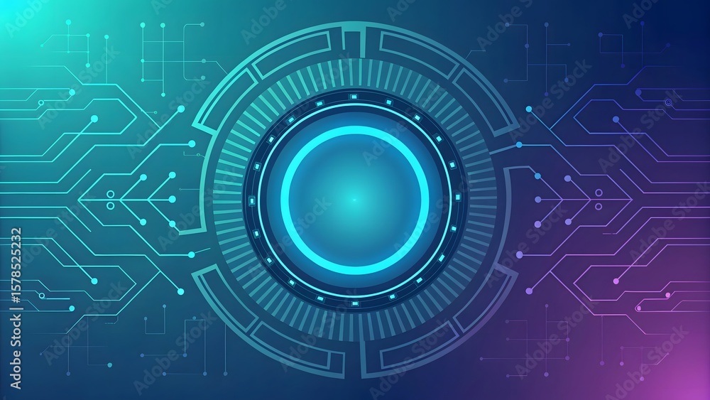 Poster central glowing blue circular interface with digital circuit patterns technology