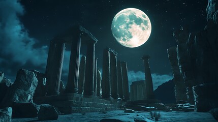 Ancient ruins under moonlight