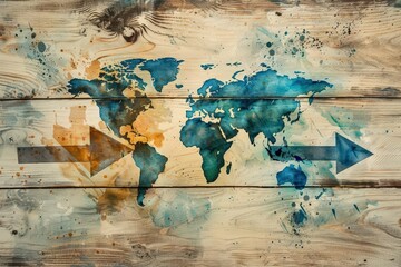 watercolor world map with importexport arrows in watercolor blue and brown on arrow .