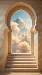 A majestic arched doorway with stone steps leads to a breathtaking view of soft golden clouds against a clear blue sky symbolizing hope and new beginnings