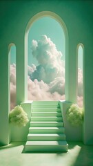 Ascend to the heavens through a surreal green archway a minimalist staircase leading to fluffy clouds and a serene sky