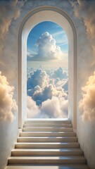 A majestic architectural archway opens to a breathtaking vista of fluffy white clouds bathed in the warm golden light of a heavenly sunrise