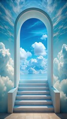 A surreal architectural archway with white steps leading to a tranquil ocean horizon under a bright blue sky filled with fluffy white clouds and wispy cirrus formations