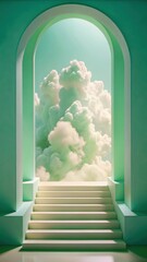 A surreal architectural scene featuring a mint green archway framing a bright sky filled with fluffy pastel colored clouds and a set of minimalist white stairs leading upwards
