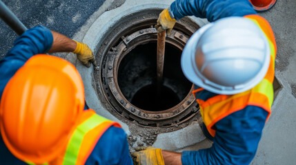 Construction Workers Inspecting Manhole with Tools in Urban Area Underground Work Scene