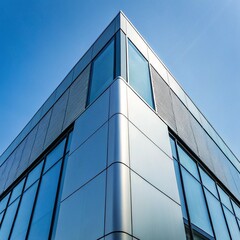 Modern office building with reflections under blue sky