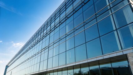 Modern office building with reflections under blue sky