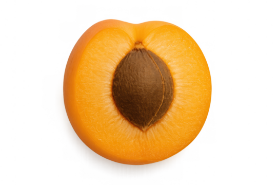 Ripe apricot halves splitting open, exposing golden kernel against transparent backdrop, highlighting fresh fruit texture