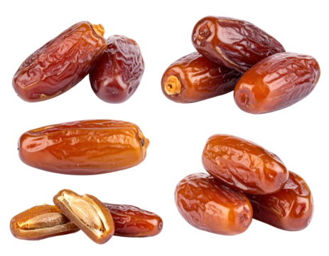 Close Up Compilation of Fresh Brown Dates with Textured Surfaces Isolated on Transparent Background