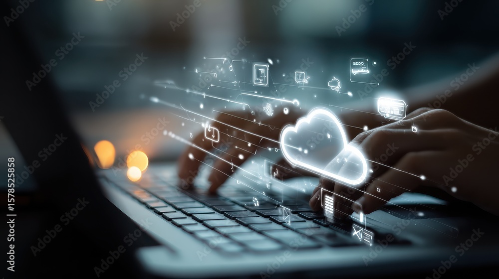 Poster data transfer technology concept with virtual cloud service icons and hands on laptop keyboard. doub