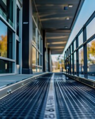 wheelchair ramp leading to a modern building on accessibility sign f aperture neutral tones