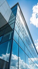 Modern office building with reflections under blue sky