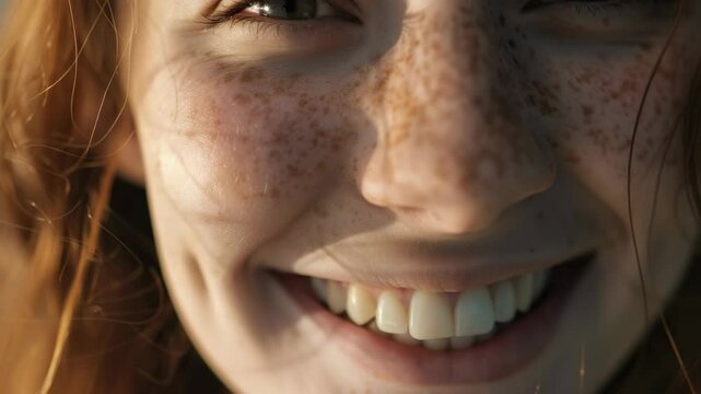 A cheerful female with rosy cheeks and brown hair, outdoors in natural lighting.