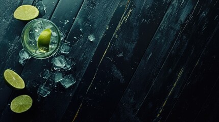 Tequila with lime and ice, on a black wooden surface. Top view. Free space.