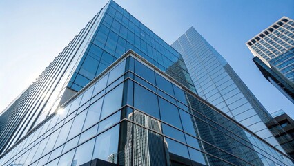 Modern office building with reflections under blue sky