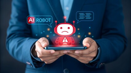 Person holding smartphone displaying sad robot with error alert dark blue suit AI robot