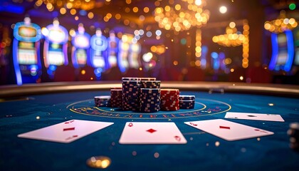 A luxurious casino moment—elegantly dressed players locked in strategic play around a green-felt table, where cards, chips, and glances dance beneath the glow of high-stakes ambiance.
