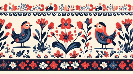 Floral border with birds, decorative design,  traditional pattern,  illustration,  vector,  seamless,  