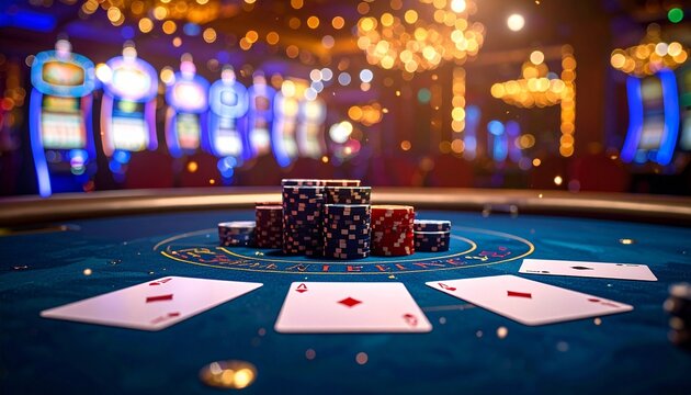 A luxurious casino moment—elegantly dressed players locked in strategic play around a green-felt table, where cards, chips, and glances dance beneath the glow of high-stakes ambiance.