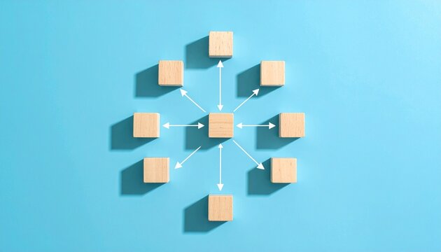Central wooden block radiates directional arrows to eight surrounding nodes—visually conveying distribution, influence, and organized connectivity