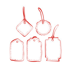 Set of hand-drawn gift tags with stitches and strings for packaging and decoration