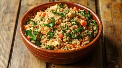 Hearty bulgur salad in a rustic bowl.