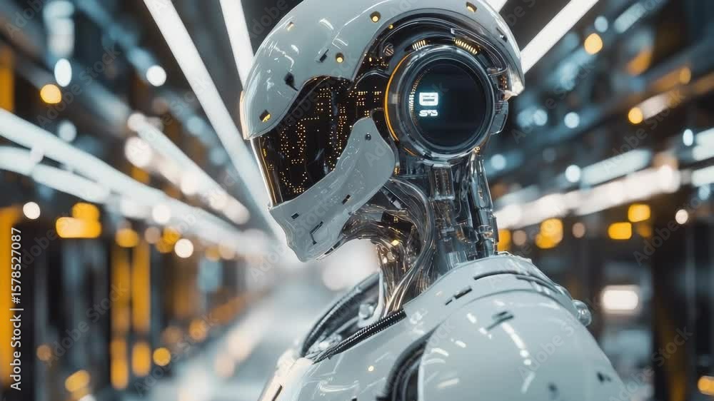 Poster robotic humanoid with advanced technology in a futuristic factory setting.