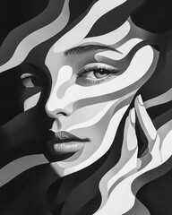woman beckoning with a single finger in a high?contrast monochrome portrait