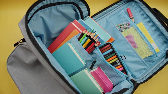 Open backpack filled with colorful school supplies on yellow background. Back to school ads, education promotions, learning visuals