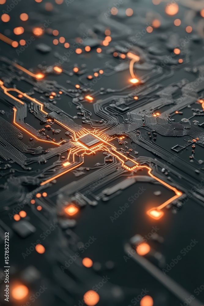 Poster complex system of neural networks with glowing pathways on dark surface shows electronic connectivit