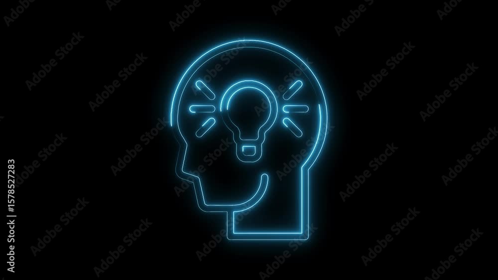 Poster glowing neon human head with light bulb animation sparking an idea on black background