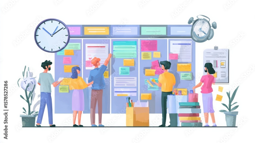 Poster workflow organization. office work and time management. kanban board, teamwork communication process