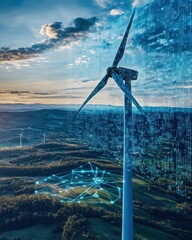 wind turbine hologram being managed by AI avatar showing carbon reduction metrics